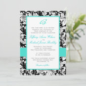 Black white damask turquoise bruiloft nodigt kaart (Staand voorkant)