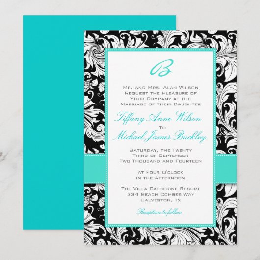 Black white damask turquoise bruiloft nodigt kaart (Voorkant / Achterkant)