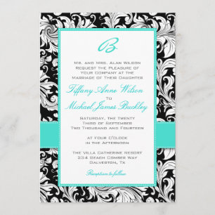 Black white damask turquoise bruiloft nodigt kaart