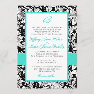 Black white damask turquoise bruiloft nodigt kaart