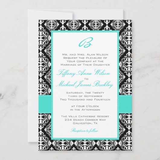 Black white damask turquoise bruiloft nodigt kaart (Voorkant)