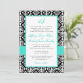 Black white damask turquoise bruiloft nodigt kaart (Staand voorkant)