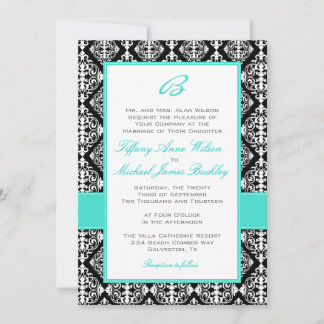 Black white damask turquoise bruiloft nodigt kaart