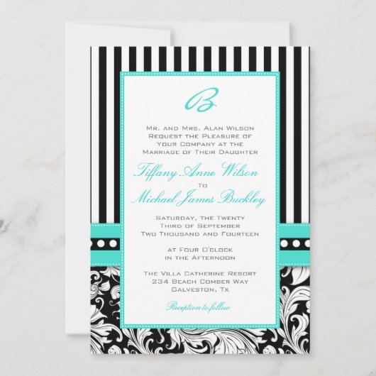 Black white damask turquoise bruiloft nodigt kaart (Voorkant)
