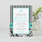 Black white damask turquoise bruiloft nodigt kaart (Staand voorkant)
