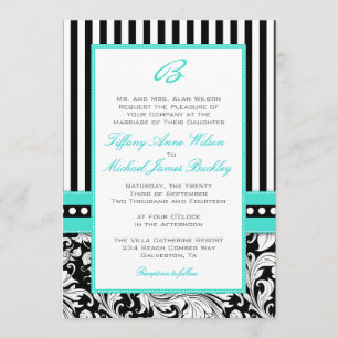 Black white damask turquoise bruiloft nodigt kaart