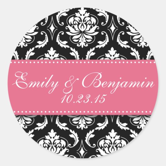 Black White Damask Wedding Favor Stickers Pink (Voorkant)
