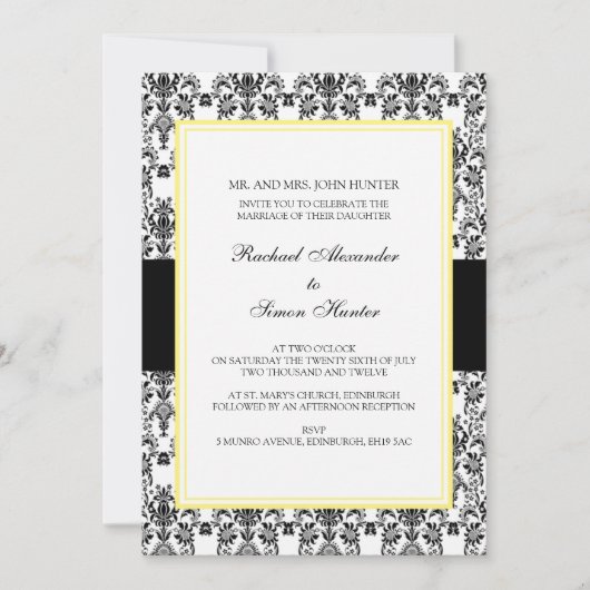 Black & White Damask Wedding Invitation yellow 2 Kaart (Voorkant)