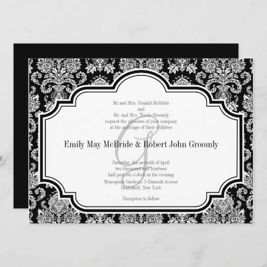 Black White Damask Wedding Invitations Monogrammed Kaart (Voorkant / Achterkant)
