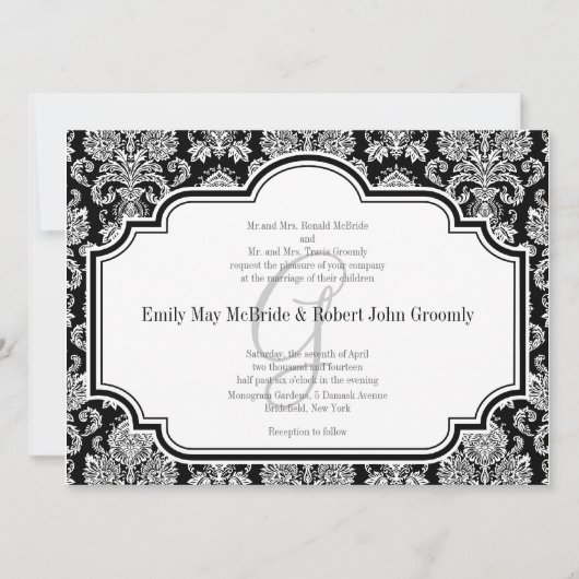 Black White Damask Wedding Invitations Monogrammed Kaart (Voorkant)