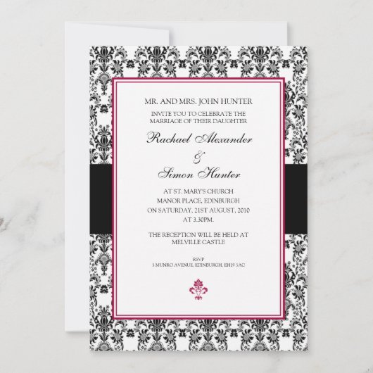 Black & White Damask Wedding Kaart (Voorkant)
