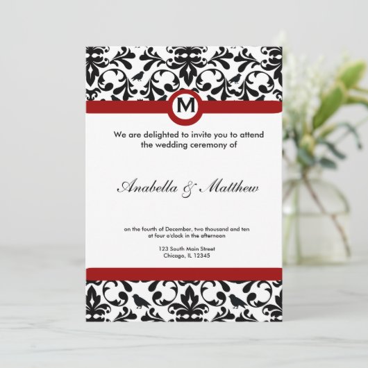 Black & White Damask Wedding Kaart (Staand voorkant)