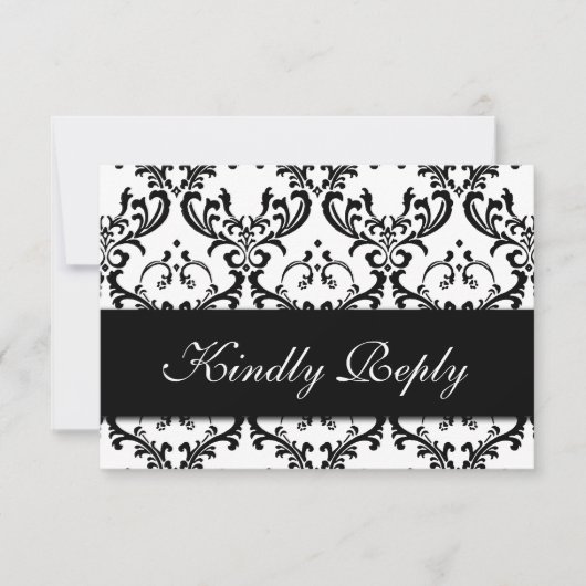 Black White Damask Wedding RSVP Kaartje (Voorkant)