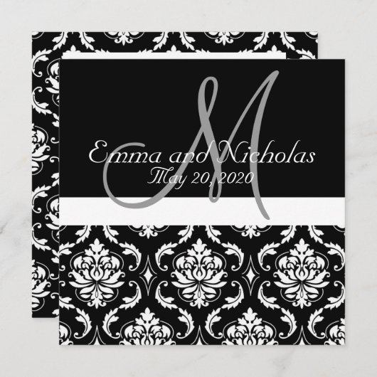 Black White Damask Wedding Uitnodiging (Voorkant / Achterkant)