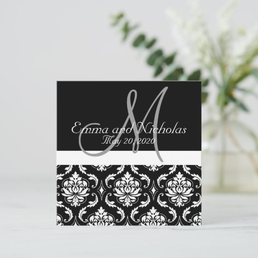 Black White Damask Wedding Uitnodiging (Staand voorkant)