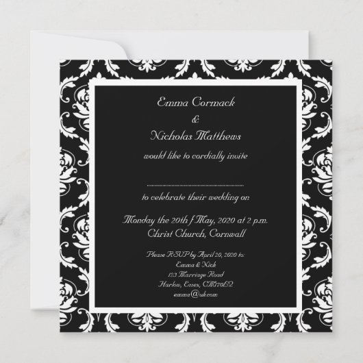 Black White Damask Wedding Uitnodiging (Achterkant)