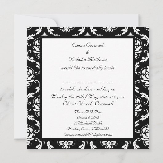Black White Damask Wedding Uitnodiging (Achterkant)