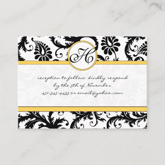 Black White Damask Yellow Trim Weddenschap RSVP Informatiekaartje (Voorkant)