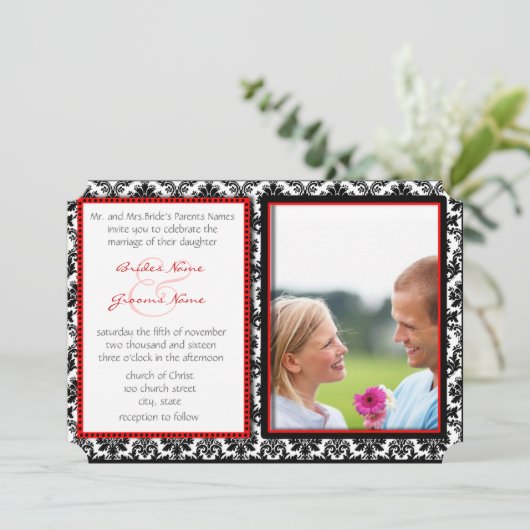 Black & White Damask Your Photo Wedding Invitation Kaart (Staand voorkant)