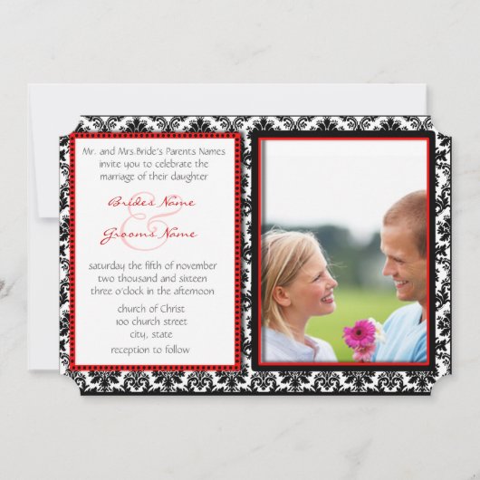 Black & White Damask Your Photo Wedding Invitation Kaart (Voorkant)