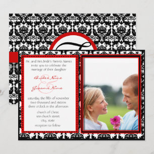 Black & White Damask Your Photo Wedding Invitation Kaart