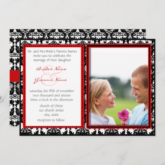 Black & White Damask Your Photo Wedding Invitation Kaart (Voorkant / Achterkant)