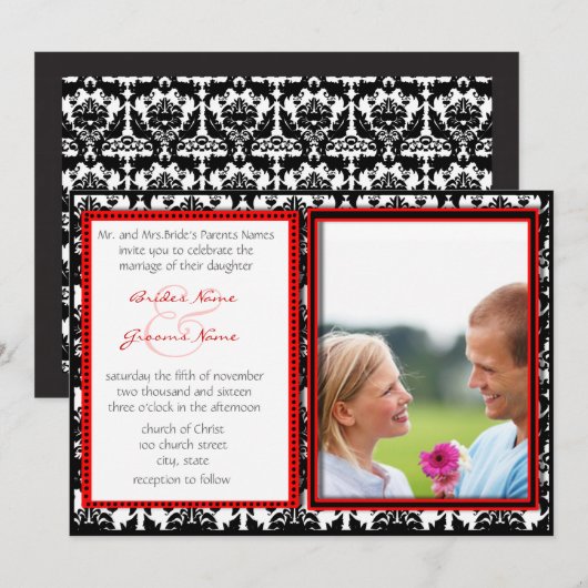 Black & White Damask Your Photo Wedding Invitation Kaart (Voorkant / Achterkant)