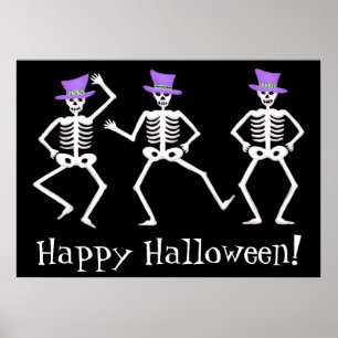 Black White Dansende Skeletons Happy Halloween Poster
