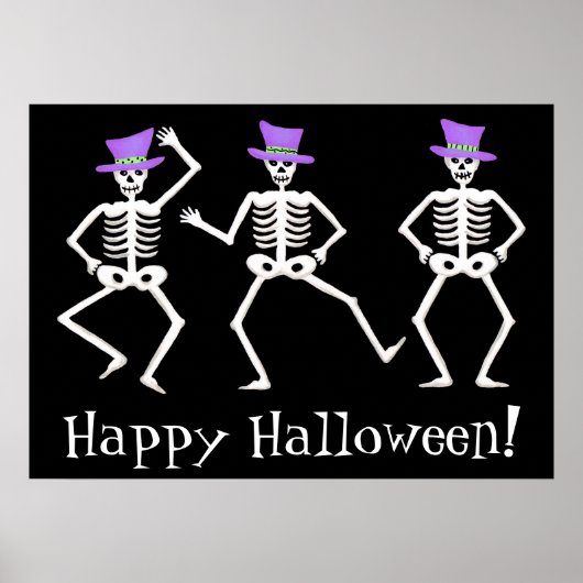 Black White Dansende Skeletons Happy Halloween Poster (Voorkant)