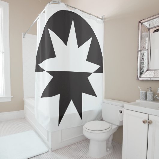 Black White Deco Star Sunburst Douchegordijn (In situ)