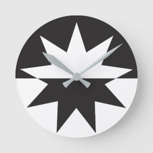 Black White Deco Star Sunburst Ronde Klok