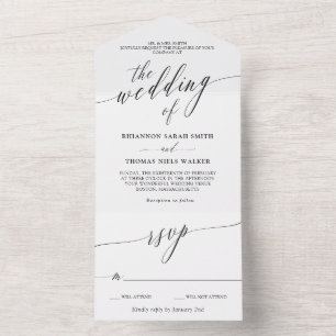 Black White Delicate Calligraphy Wedding All In One Uitnodiging