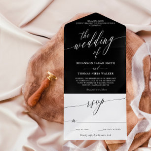 Black White Delicate Calligraphy Wedding All In One Uitnodiging