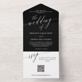 Black White Delicate Calligraphy Wedding QR RSVP All In One Uitnodiging
