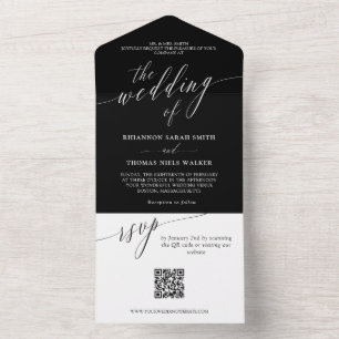 Black White Delicate Calligraphy Wedding QR RSVP All In One Uitnodiging