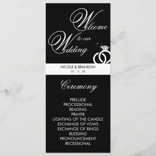 Black & White Diamond Ring Welkom op onze bruiloft Programmakaart (Voorkant)