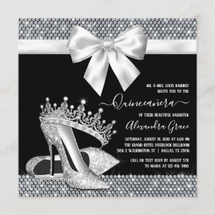 Black White Diamond Tiara Shoe Glam Quinceanera Kaart