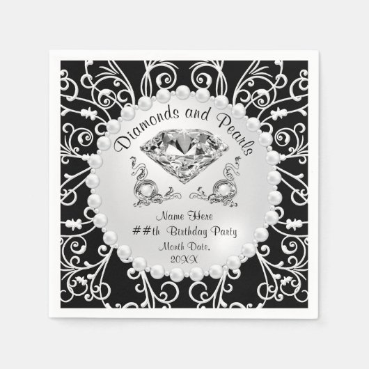 Black White Diamonds en Pearls Birthday Napkins Servet (Voorkant)