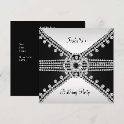 Black White Diamonds Jewels Birthday Party Kaart (Voorkant / Achterkant)