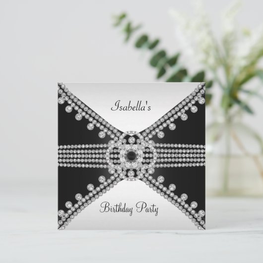 Black White Diamonds Jewels Birthday Party Kaart (Staand voorkant)