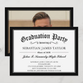 Black White Diploma Style Graduparty Kaart (Voorkant / Achterkant)