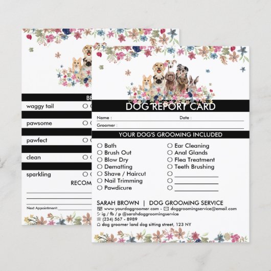 Black White Dog groomer Report Card (Voorkant / Achterkant)