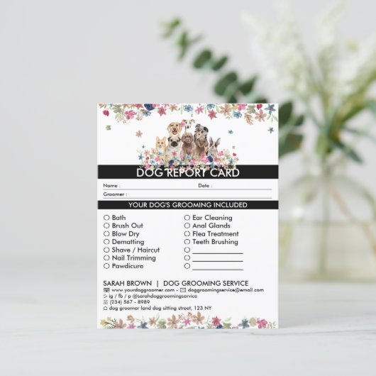 Black White Dog groomer Report Card (Staand voorkant)