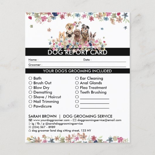 Black White Dog groomer Report Card (Voorkant)