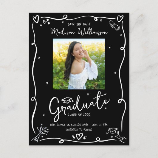Black White Doodles Save the Date Graduation Photo Uitnodiging Briefkaart (Voorkant)
