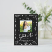 Black White Doodles Save the Date Graduation Photo Uitnodiging Briefkaart (Staand voorkant)