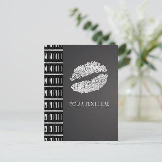 Black White Dot & Faux Silver Shimmer Lips Event Briefkaart (Staand voorkant)