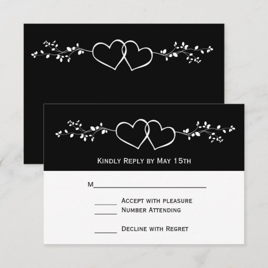 Black White Double Hearts Weddenschap RSVP-kaarten RSVP Kaartje (Voorkant / Achterkant)
