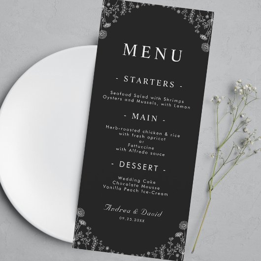 Black White Drawn Country White Wildbloemen Rustis Menu