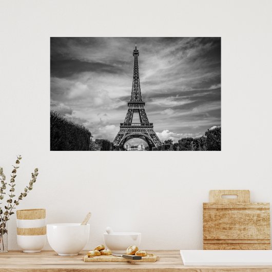 Black White Eiffel Tower Paris Europe Reivel Poster (Keuken)